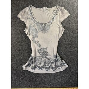 y2k Studio Y Grey Rhinestone Embellished Lace Cap Sleeve Graphic Top Large